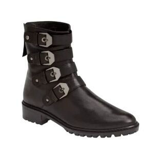 Stuart Weitzman Jitterbug Boot Leather Moto Four Buckle Black Round Toe Ankl 8